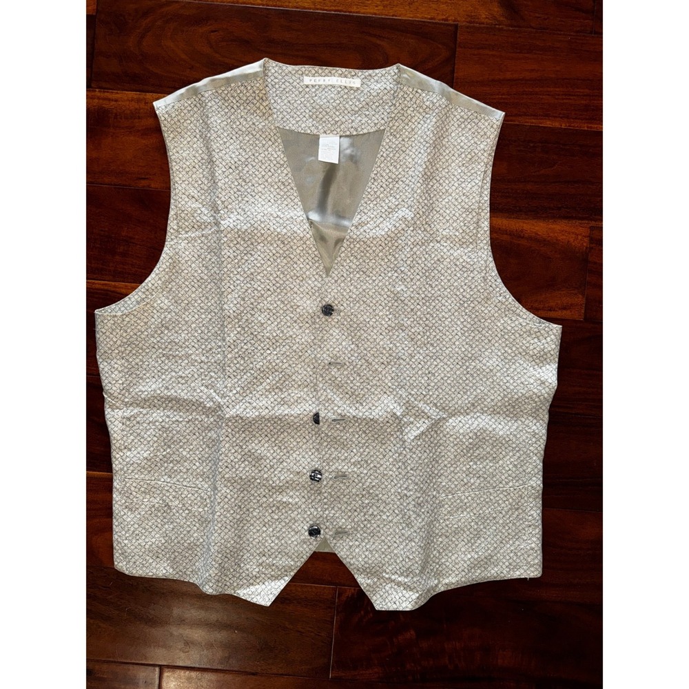 Perry Ellis Mens Waistcoat Vest Large Grey Beige Grid Rayon Linen Blend V-Neck